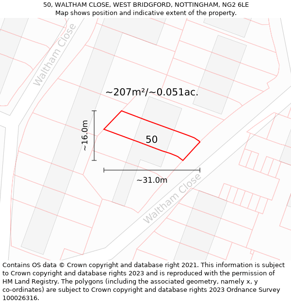 50, WALTHAM CLOSE, WEST BRIDGFORD, NOTTINGHAM, NG2 6LE: Plot and title map