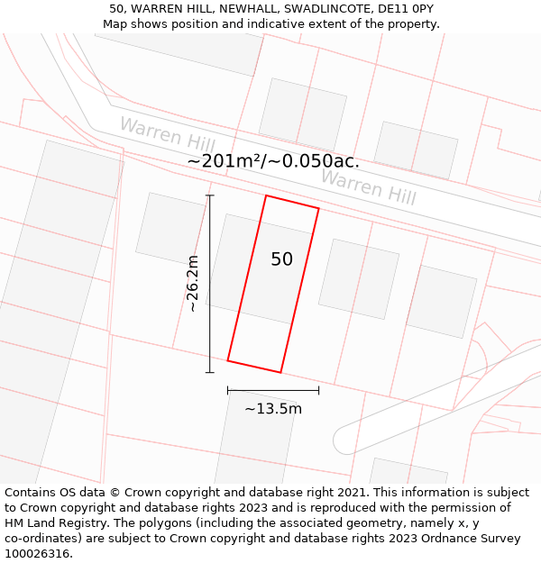 50, WARREN HILL, NEWHALL, SWADLINCOTE, DE11 0PY: Plot and title map