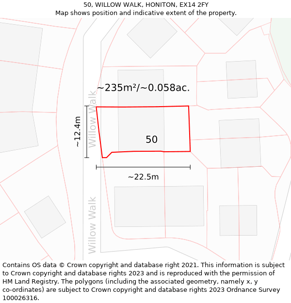 50, WILLOW WALK, HONITON, EX14 2FY: Plot and title map