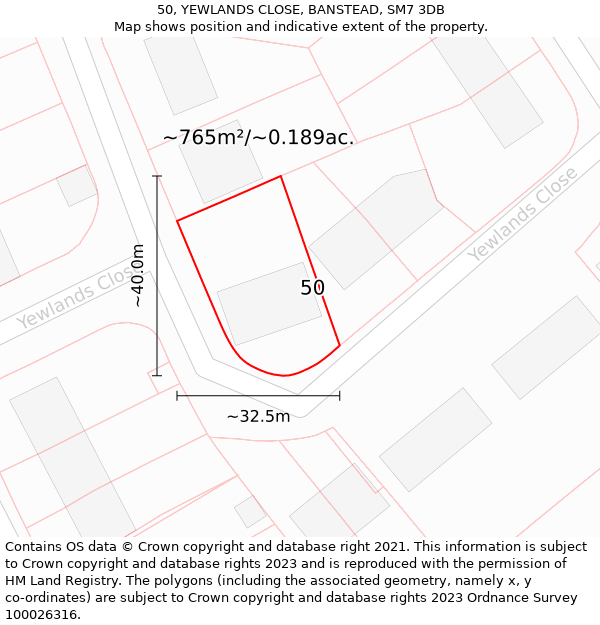 50, YEWLANDS CLOSE, BANSTEAD, SM7 3DB: Plot and title map