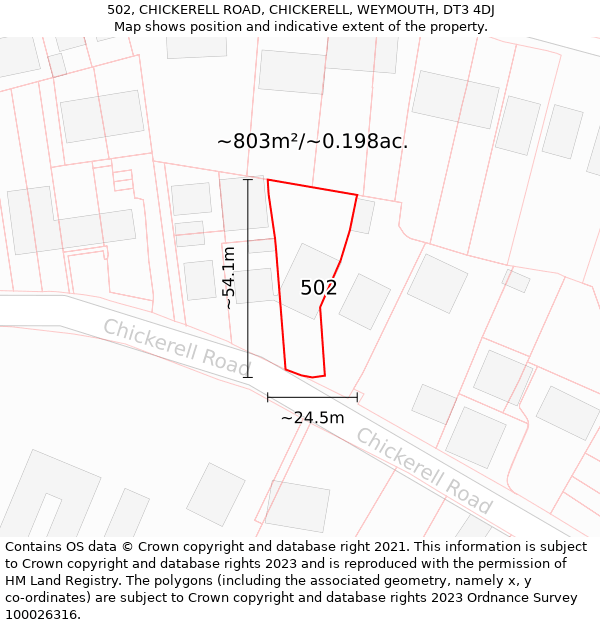 502, CHICKERELL ROAD, CHICKERELL, WEYMOUTH, DT3 4DJ: Plot and title map