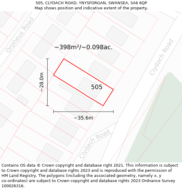 505, CLYDACH ROAD, YNYSFORGAN, SWANSEA, SA6 6QP: Plot and title map