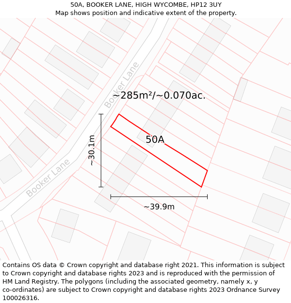 50A, BOOKER LANE, HIGH WYCOMBE, HP12 3UY: Plot and title map