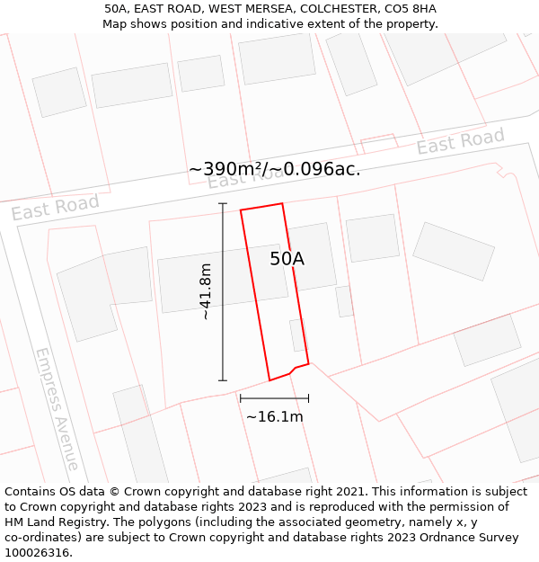 50A, EAST ROAD, WEST MERSEA, COLCHESTER, CO5 8HA: Plot and title map