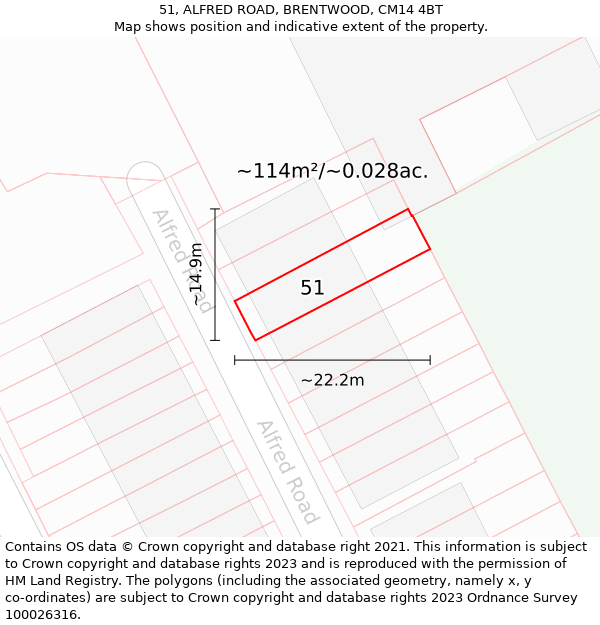 51, ALFRED ROAD, BRENTWOOD, CM14 4BT: Plot and title map