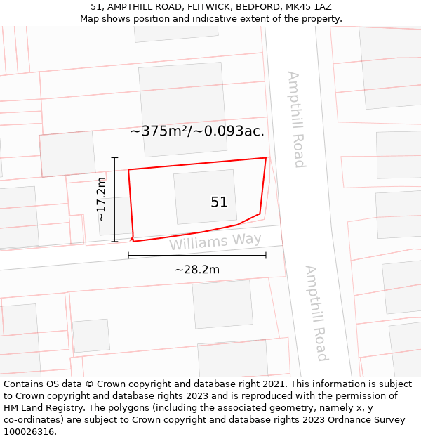 51, AMPTHILL ROAD, FLITWICK, BEDFORD, MK45 1AZ: Plot and title map