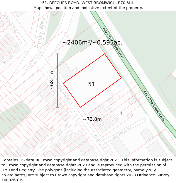 51, BEECHES ROAD, WEST BROMWICH, B70 6HL: Plot and title map