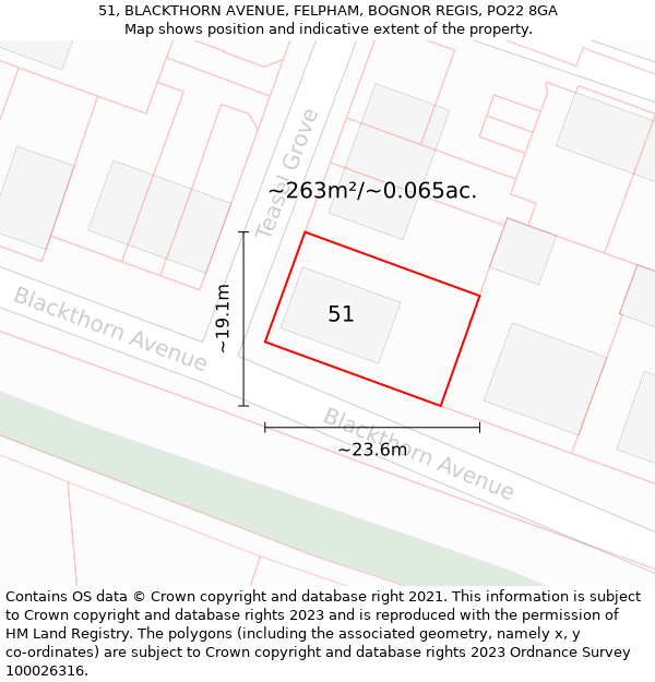 51, BLACKTHORN AVENUE, FELPHAM, BOGNOR REGIS, PO22 8GA: Plot and title map