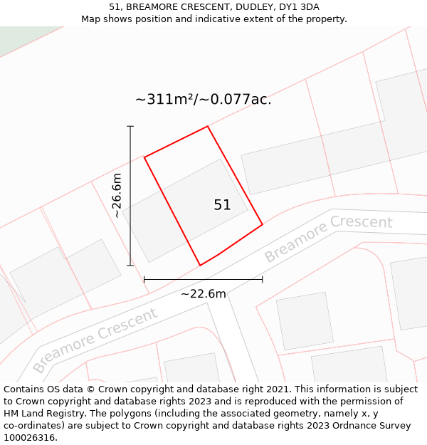 51, BREAMORE CRESCENT, DUDLEY, DY1 3DA: Plot and title map