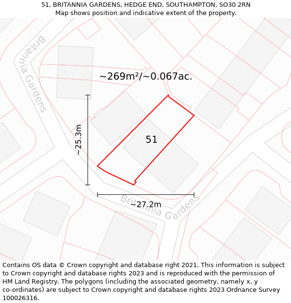 51, BRITANNIA GARDENS, HEDGE END, SOUTHAMPTON, SO30 2RN: Plot and title map