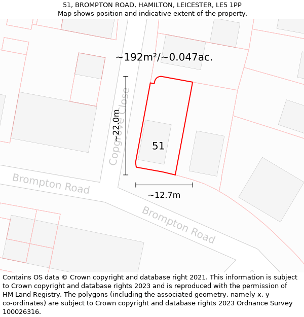 51, BROMPTON ROAD, HAMILTON, LEICESTER, LE5 1PP: Plot and title map