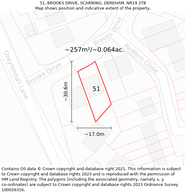 51, BROOKS DRIVE, SCARNING, DEREHAM, NR19 2TB: Plot and title map