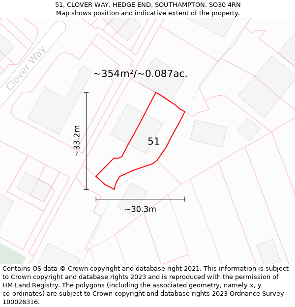 51, CLOVER WAY, HEDGE END, SOUTHAMPTON, SO30 4RN: Plot and title map