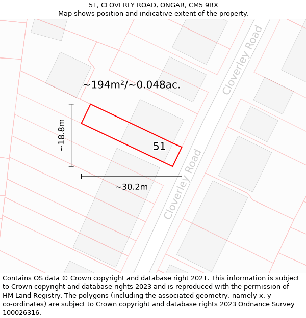 51, CLOVERLY ROAD, ONGAR, CM5 9BX: Plot and title map