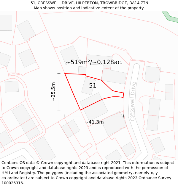 51, CRESSWELL DRIVE, HILPERTON, TROWBRIDGE, BA14 7TN: Plot and title map