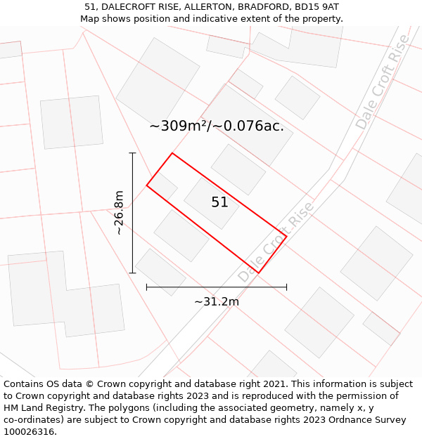 51, DALECROFT RISE, ALLERTON, BRADFORD, BD15 9AT: Plot and title map