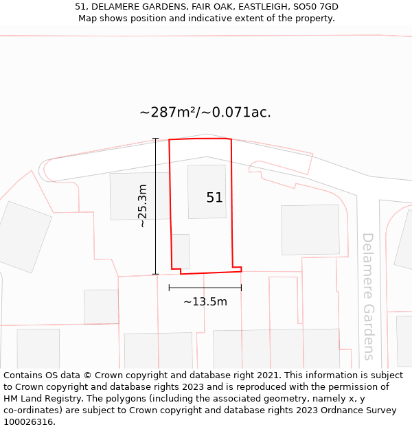 51, DELAMERE GARDENS, FAIR OAK, EASTLEIGH, SO50 7GD: Plot and title map