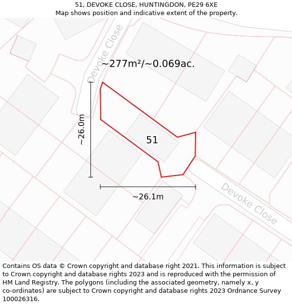 51, DEVOKE CLOSE, HUNTINGDON, PE29 6XE: Plot and title map