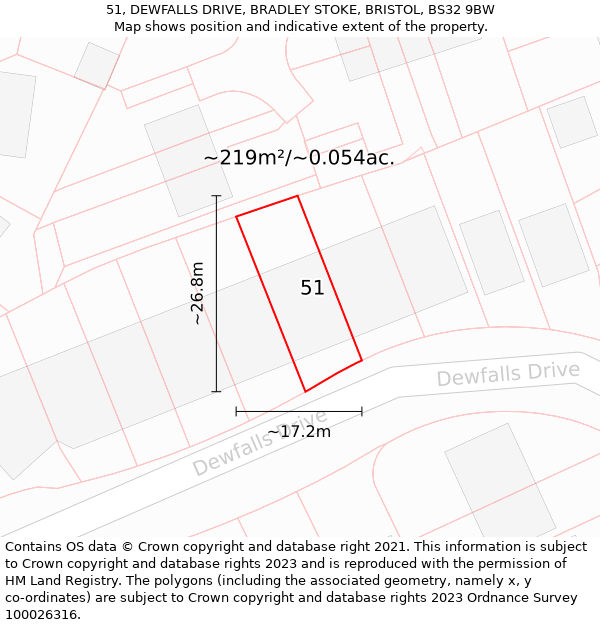 51, DEWFALLS DRIVE, BRADLEY STOKE, BRISTOL, BS32 9BW: Plot and title map