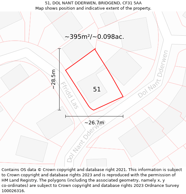 51, DOL NANT DDERWEN, BRIDGEND, CF31 5AA: Plot and title map