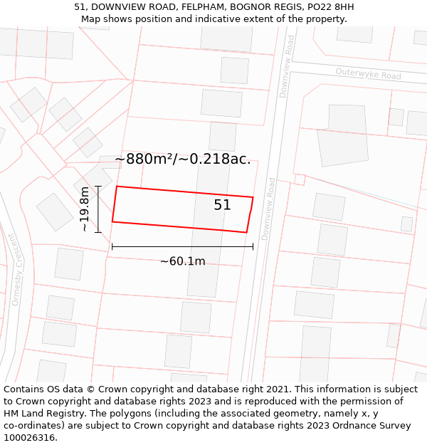 51, DOWNVIEW ROAD, FELPHAM, BOGNOR REGIS, PO22 8HH: Plot and title map