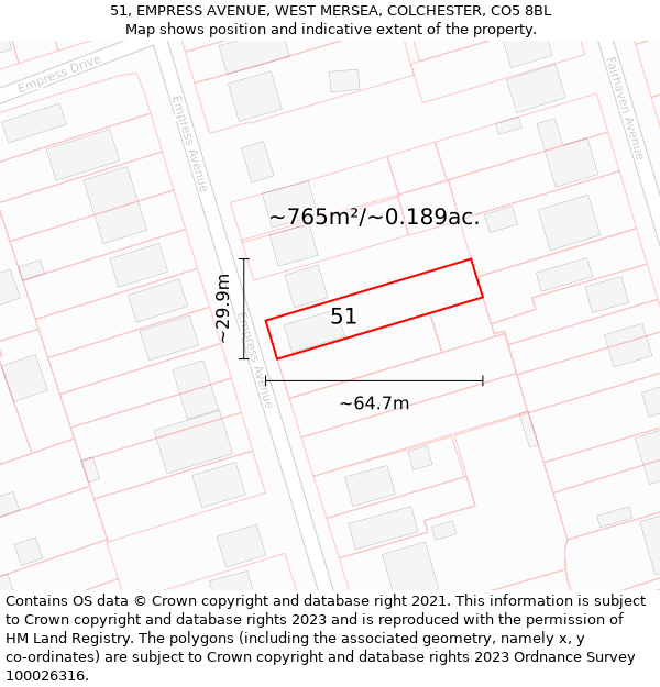 51, EMPRESS AVENUE, WEST MERSEA, COLCHESTER, CO5 8BL: Plot and title map