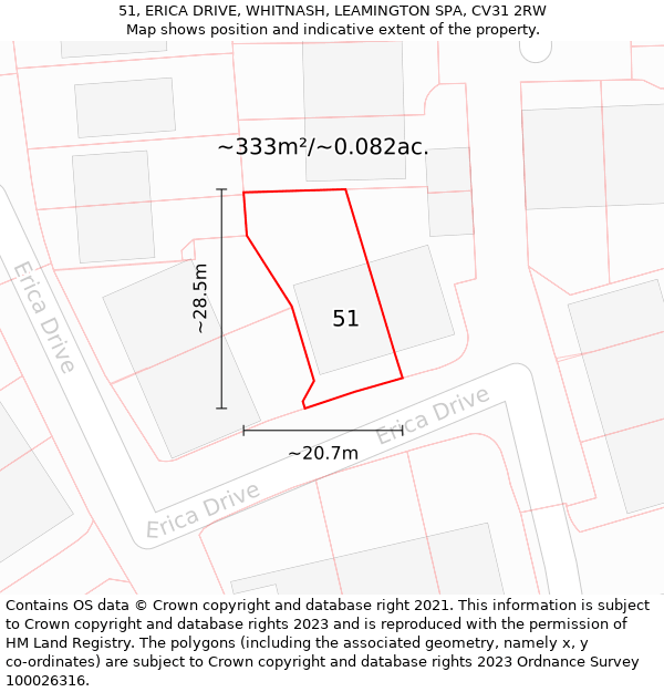 51, ERICA DRIVE, WHITNASH, LEAMINGTON SPA, CV31 2RW: Plot and title map