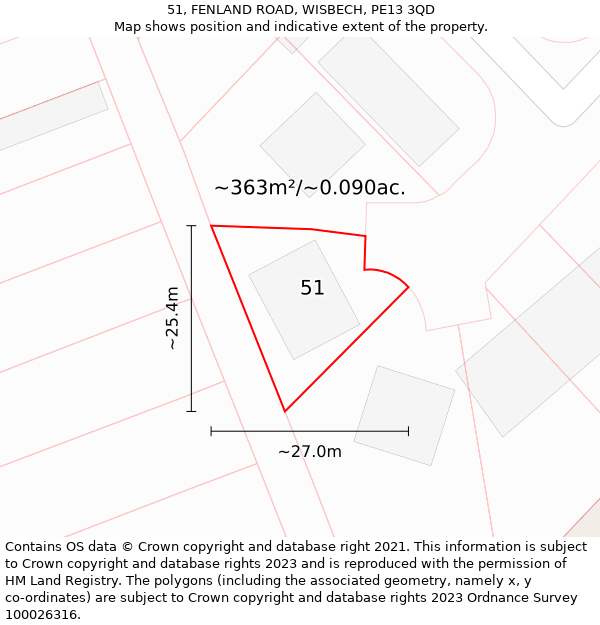 51, FENLAND ROAD, WISBECH, PE13 3QD: Plot and title map