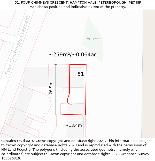 51, FOUR CHIMNEYS CRESCENT, HAMPTON VALE, PETERBOROUGH, PE7 8JF: Plot and title map