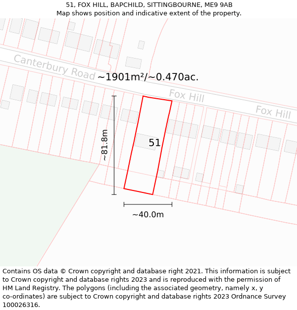 51, FOX HILL, BAPCHILD, SITTINGBOURNE, ME9 9AB: Plot and title map