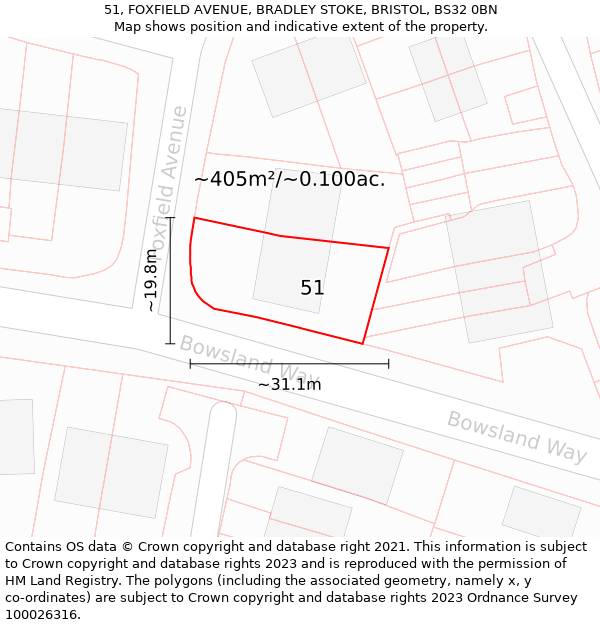 51, FOXFIELD AVENUE, BRADLEY STOKE, BRISTOL, BS32 0BN: Plot and title map