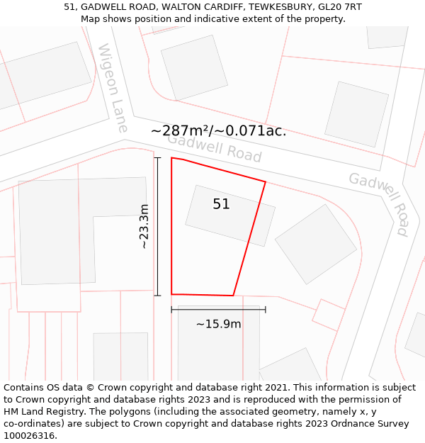 51, GADWELL ROAD, WALTON CARDIFF, TEWKESBURY, GL20 7RT: Plot and title map