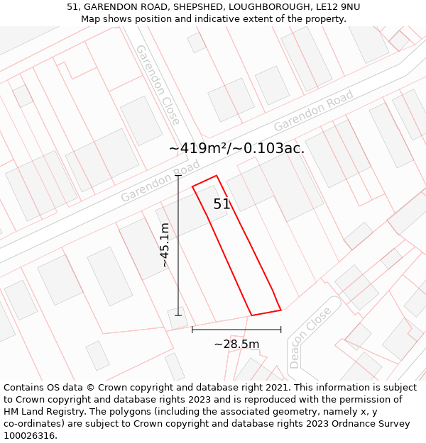 51, GARENDON ROAD, SHEPSHED, LOUGHBOROUGH, LE12 9NU: Plot and title map