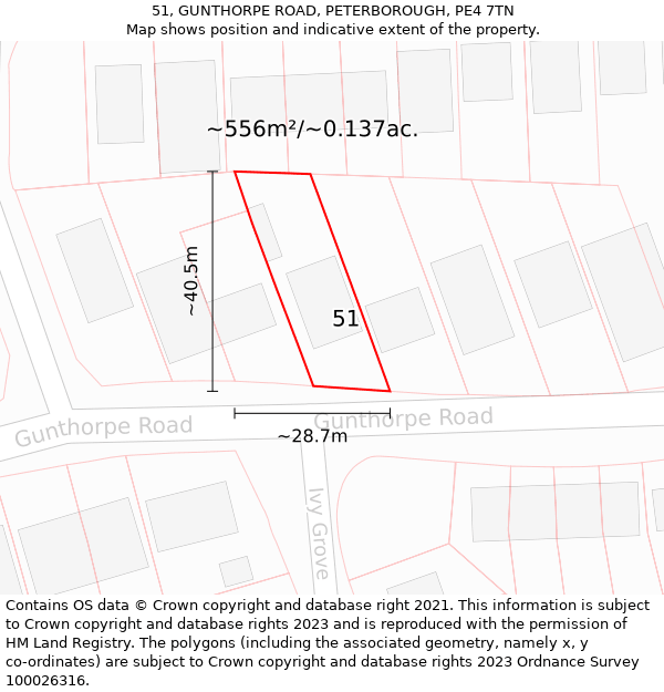 51, GUNTHORPE ROAD, PETERBOROUGH, PE4 7TN: Plot and title map