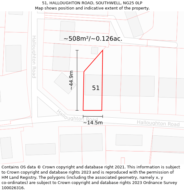 51, HALLOUGHTON ROAD, SOUTHWELL, NG25 0LP: Plot and title map