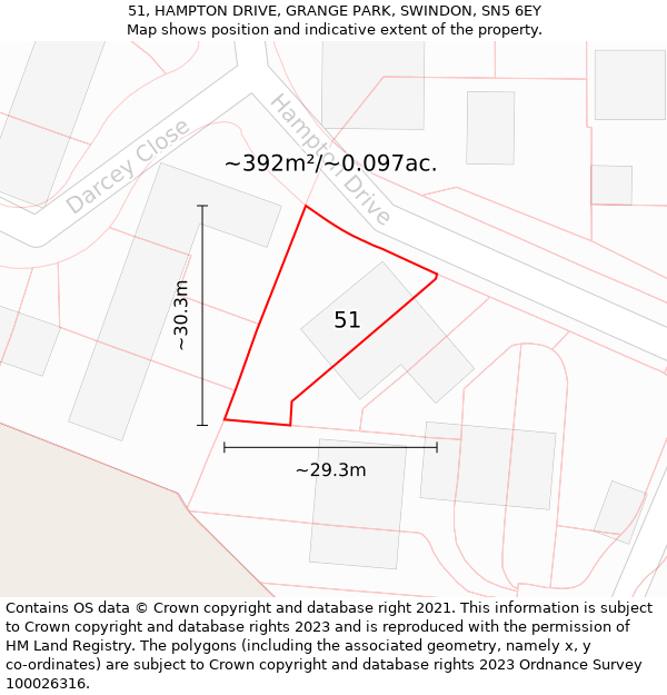 51, HAMPTON DRIVE, GRANGE PARK, SWINDON, SN5 6EY: Plot and title map