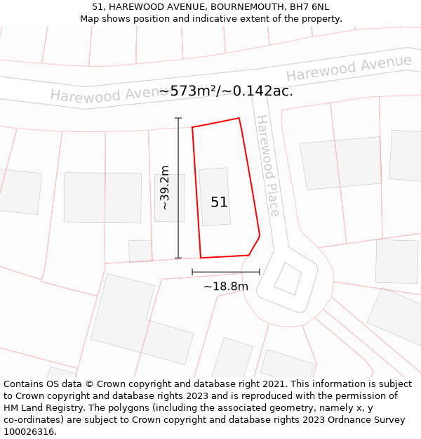 51, HAREWOOD AVENUE, BOURNEMOUTH, BH7 6NL: Plot and title map