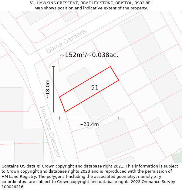 51, HAWKINS CRESCENT, BRADLEY STOKE, BRISTOL, BS32 8EL: Plot and title map