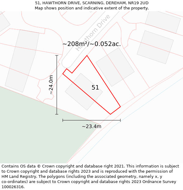 51, HAWTHORN DRIVE, SCARNING, DEREHAM, NR19 2UD: Plot and title map