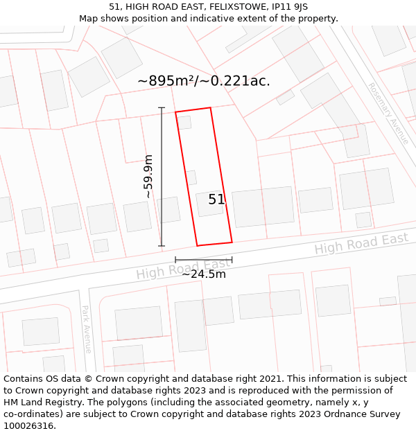 51, HIGH ROAD EAST, FELIXSTOWE, IP11 9JS: Plot and title map