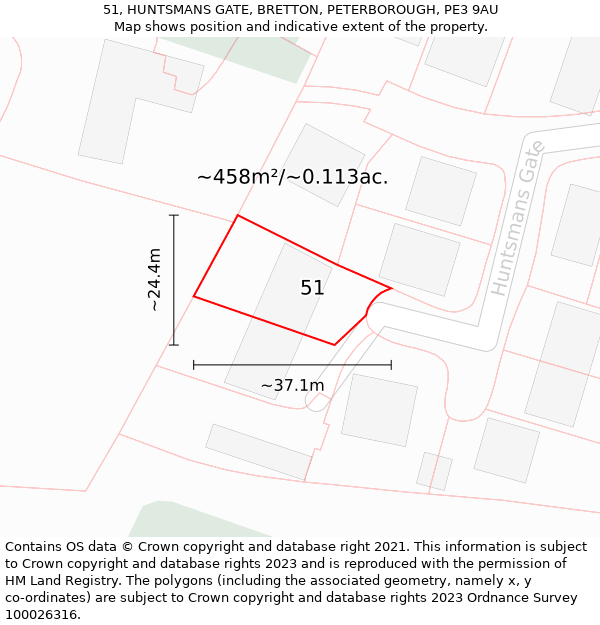 51, HUNTSMANS GATE, BRETTON, PETERBOROUGH, PE3 9AU: Plot and title map