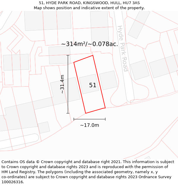 51, HYDE PARK ROAD, KINGSWOOD, HULL, HU7 3AS: Plot and title map