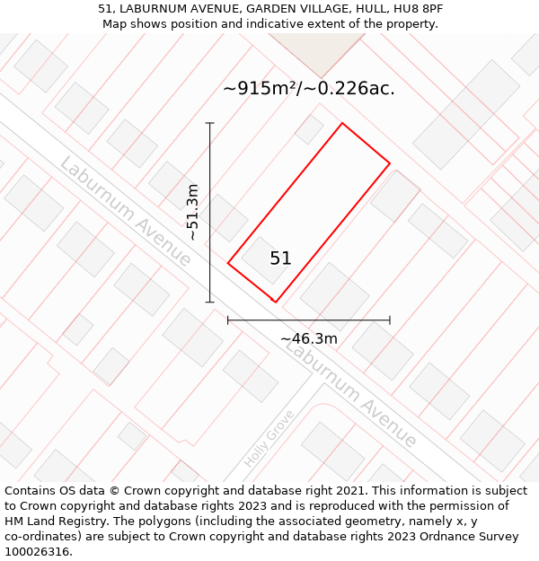 51, LABURNUM AVENUE, GARDEN VILLAGE, HULL, HU8 8PF: Plot and title map