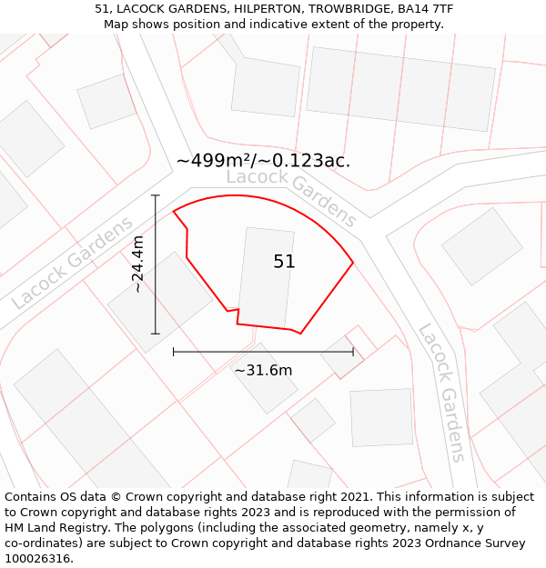 51, LACOCK GARDENS, HILPERTON, TROWBRIDGE, BA14 7TF: Plot and title map