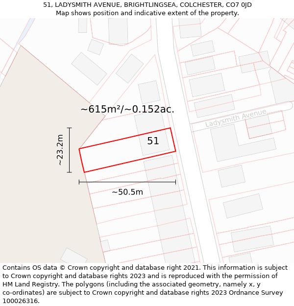 51, LADYSMITH AVENUE, BRIGHTLINGSEA, COLCHESTER, CO7 0JD: Plot and title map