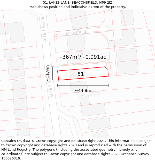 51, LAKES LANE, BEACONSFIELD, HP9 2JZ: Plot and title map