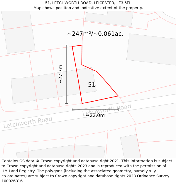 51, LETCHWORTH ROAD, LEICESTER, LE3 6FL: Plot and title map