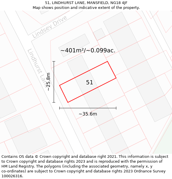 51, LINDHURST LANE, MANSFIELD, NG18 4JF: Plot and title map