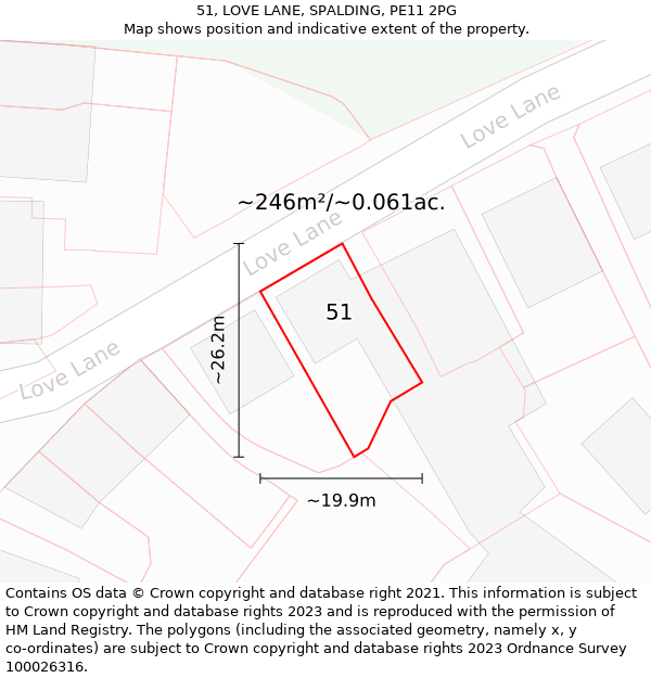 51, LOVE LANE, SPALDING, PE11 2PG: Plot and title map