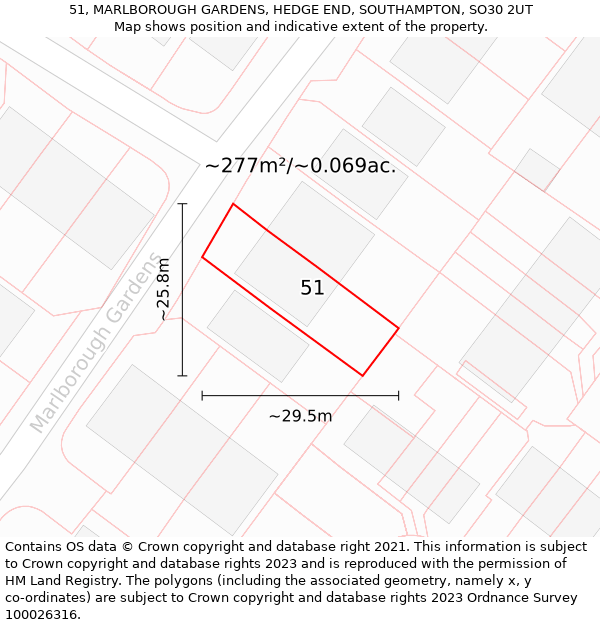 51, MARLBOROUGH GARDENS, HEDGE END, SOUTHAMPTON, SO30 2UT: Plot and title map